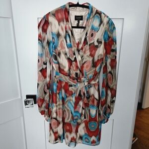 Laundry Colorful Patterned Dress With Belt Size 2, Sheer Long Sleeves, V-Neck